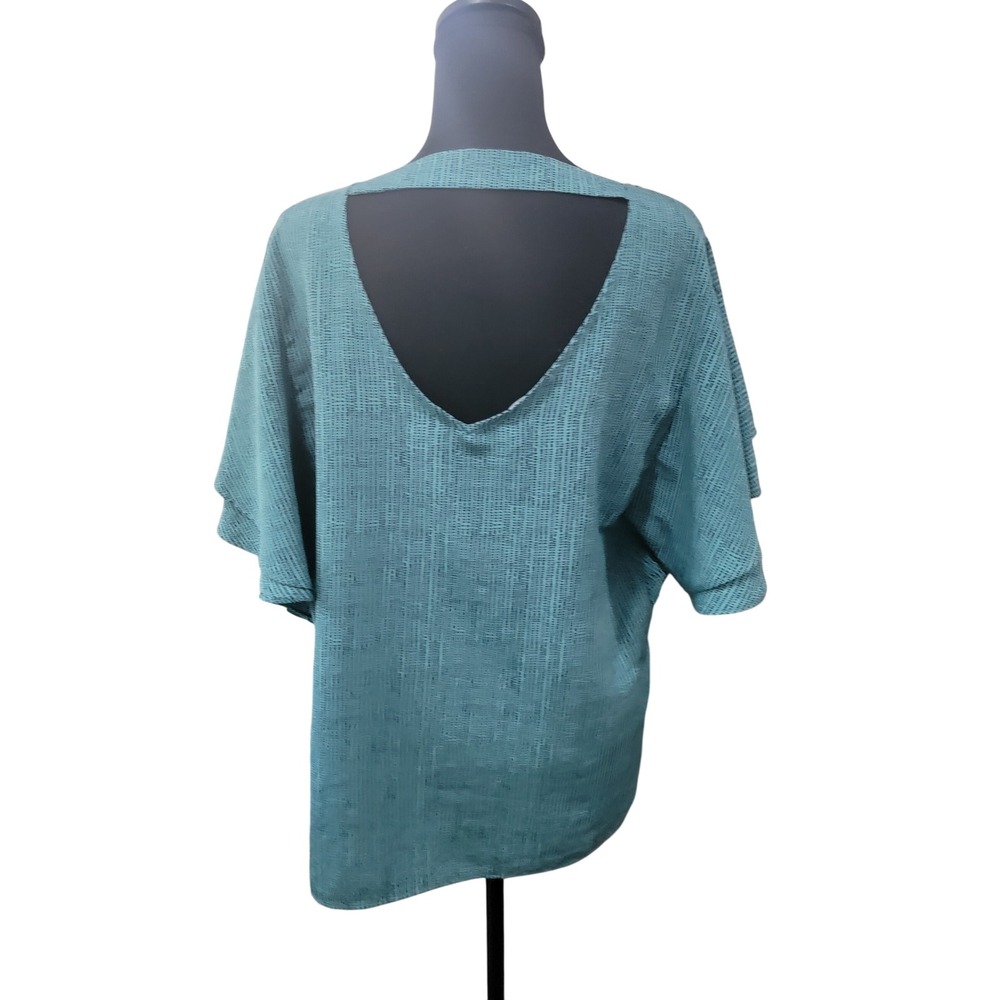 Simply Styled Sears Teal Blue Black Dash Print Ruffle Sleeve V-Back Blouse L - Picture 5 of 6